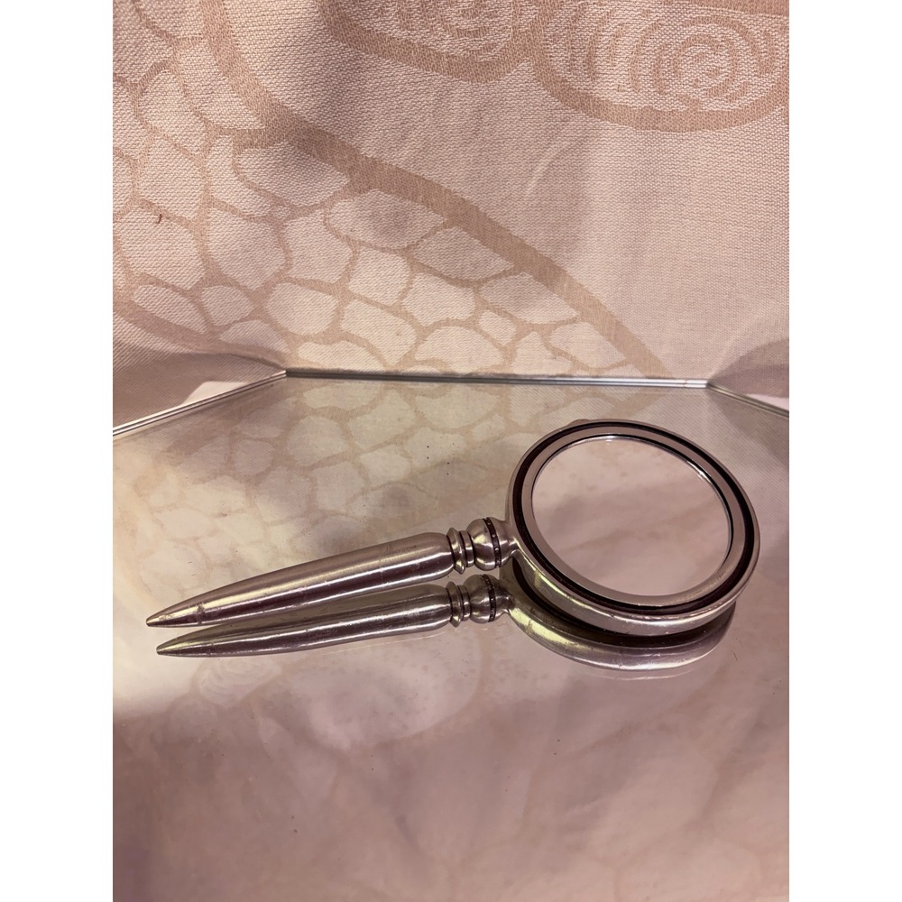 Vintage Silver Tone Metal Hand Mirror Art Deco Geometric Concentric Circle Round